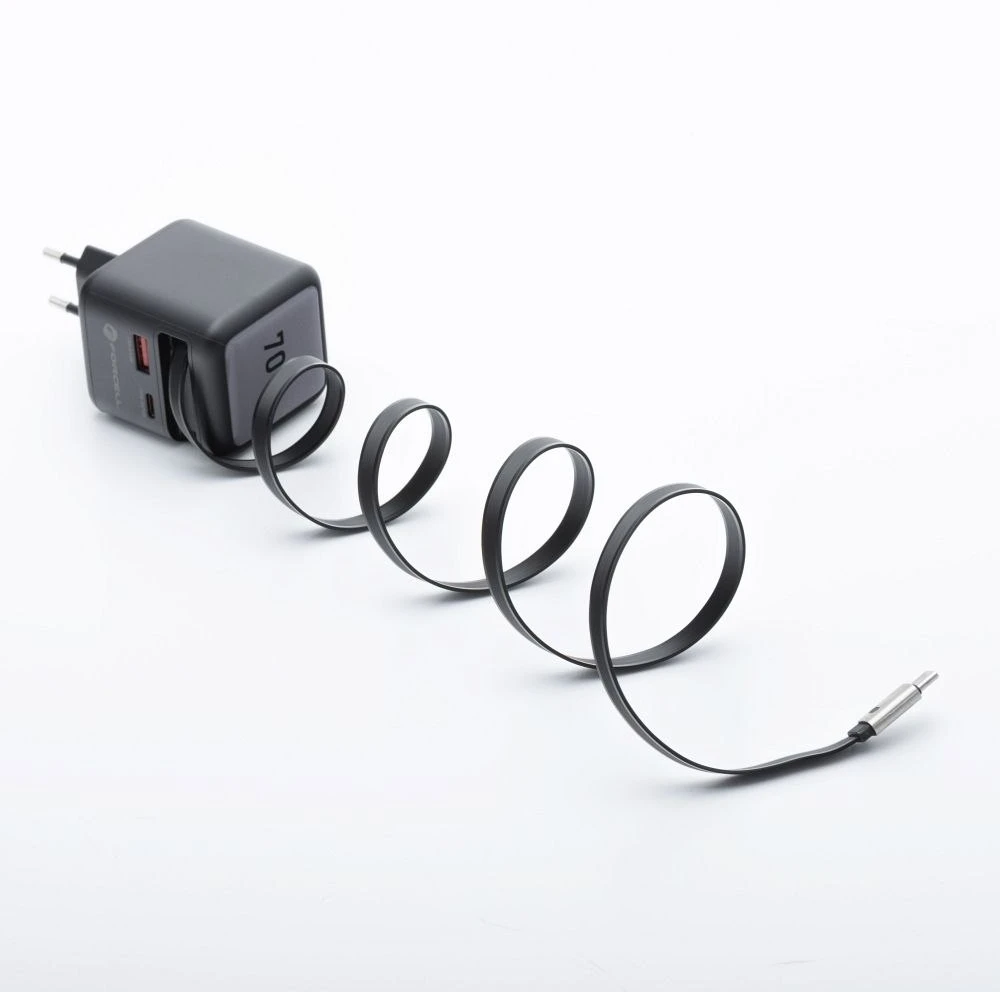 Telefono įkroviklis Forcell F-Energy GaN USB C + USB A + ištraukiamas laidas USB C PD QC4.0 3A 70W VT-R7 pilka