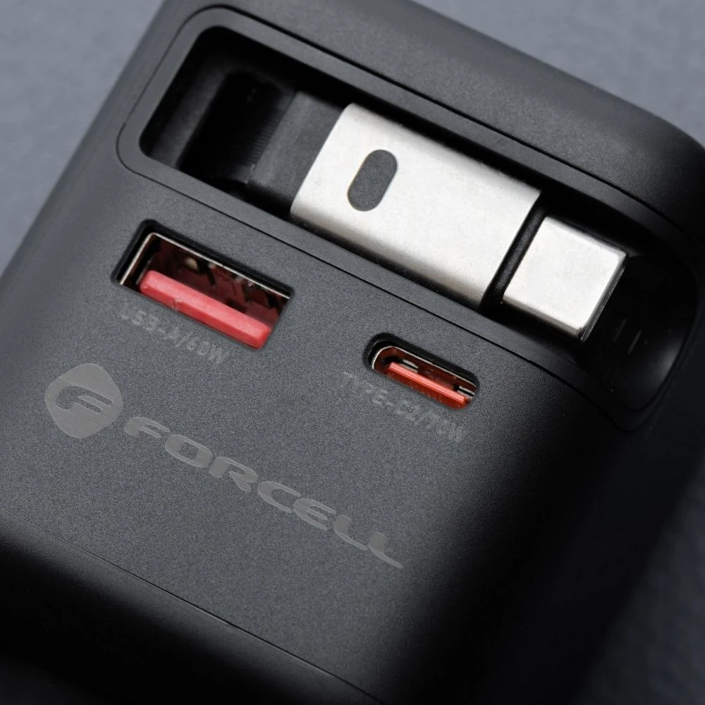 Telefono įkroviklis Forcell F-Energy GaN USB C + USB A + ištraukiamas laidas USB C PD QC4.0 3A 70W VT-R7 pilka