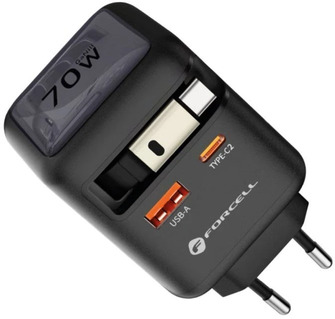 Telefono įkroviklis Forcell F-Energy GaN USB C + USB A + ištraukiamas laidas USB C PD QC4.0 3A 70W VT-R7 pilka