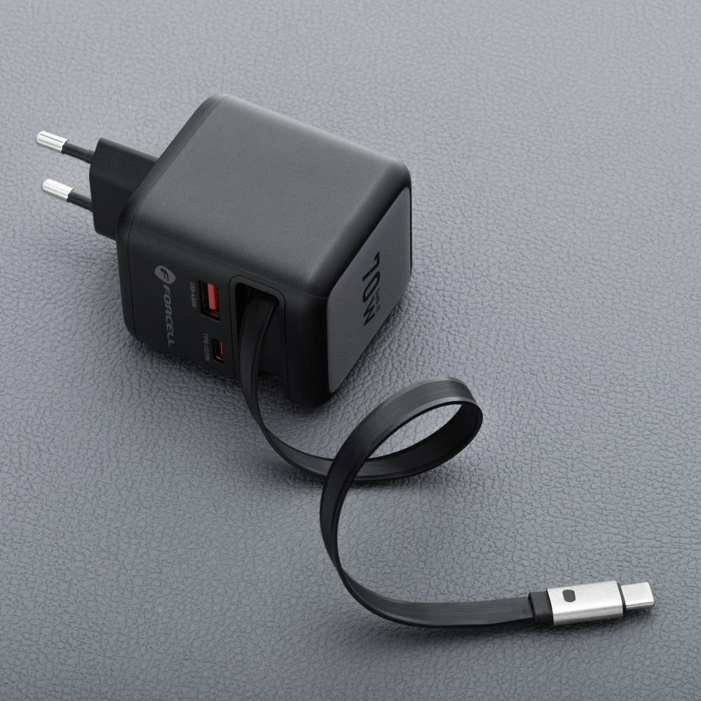 Telefono įkroviklis Forcell F-Energy GaN USB C + USB A + ištraukiamas laidas USB C PD QC4.0 3A 70W VT-R7 pilka
