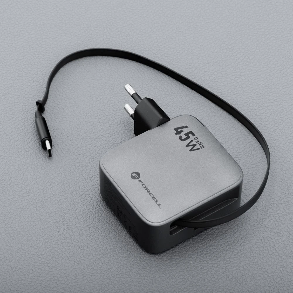 Telefono įkroviklis Forcell F-Energy GaN USB C + ištraukiamas laidas USB C PD QC4.0 3A 45W VT-R5 pilka
