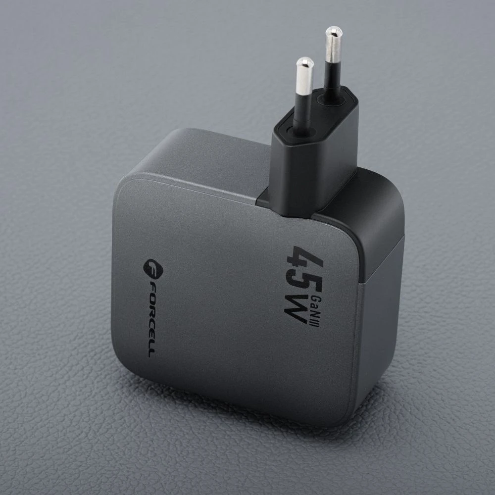 Telefono įkroviklis Forcell F-Energy GaN USB C + ištraukiamas laidas USB C PD QC4.0 3A 45W VT-R5 pilka