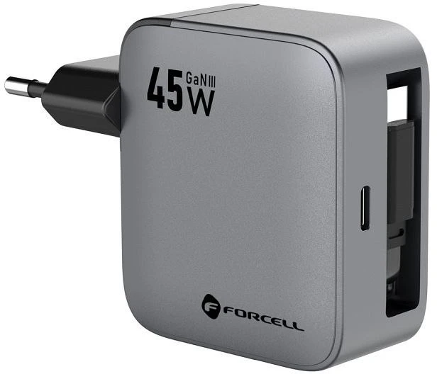 Telefono įkroviklis Forcell F-Energy GaN USB C + ištraukiamas laidas USB C PD QC4.0 3A 45W VT-R5 pilka
