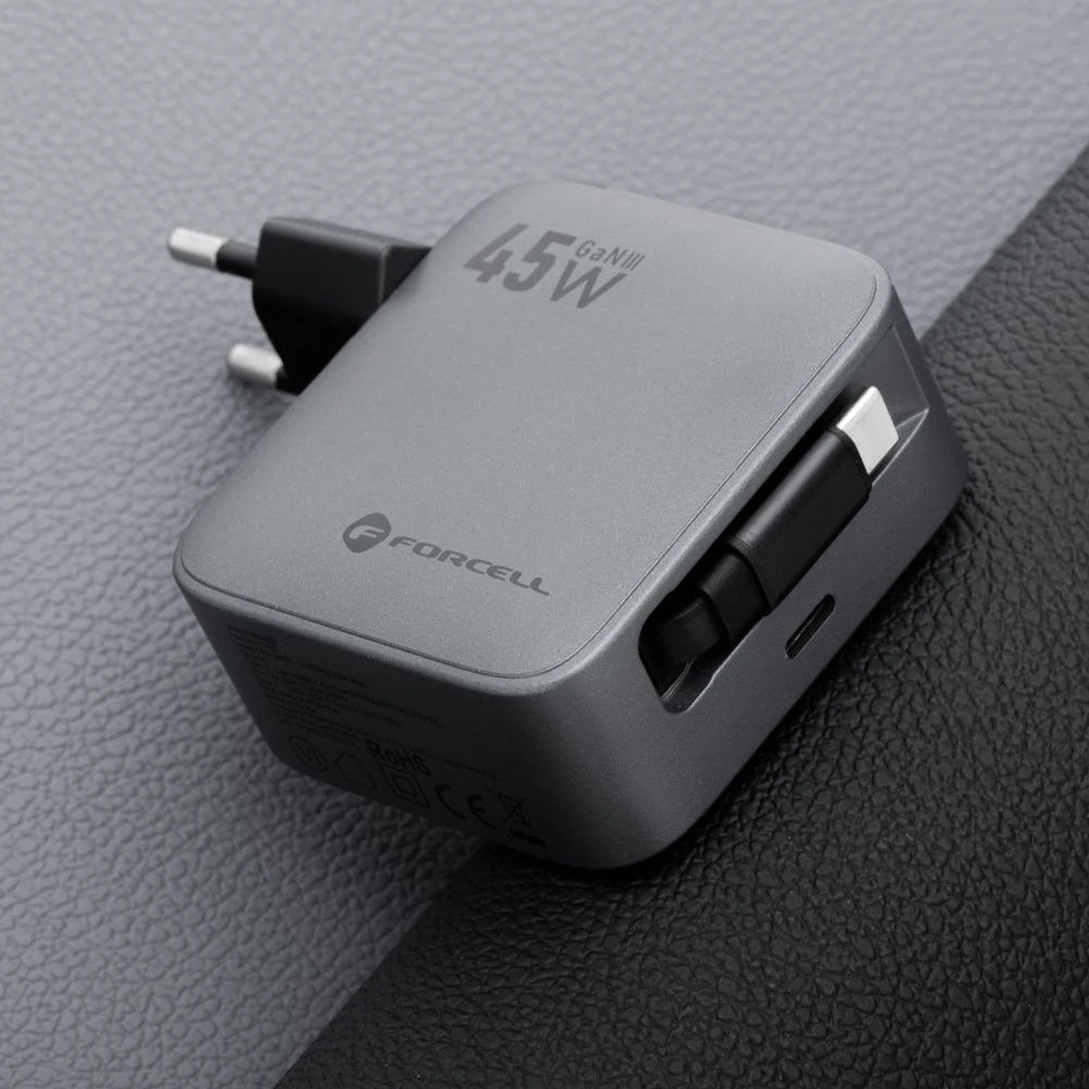 Telefono įkroviklis Forcell F-Energy GaN USB C + ištraukiamas laidas USB C PD QC4.0 3A 45W VT-R5 pilka