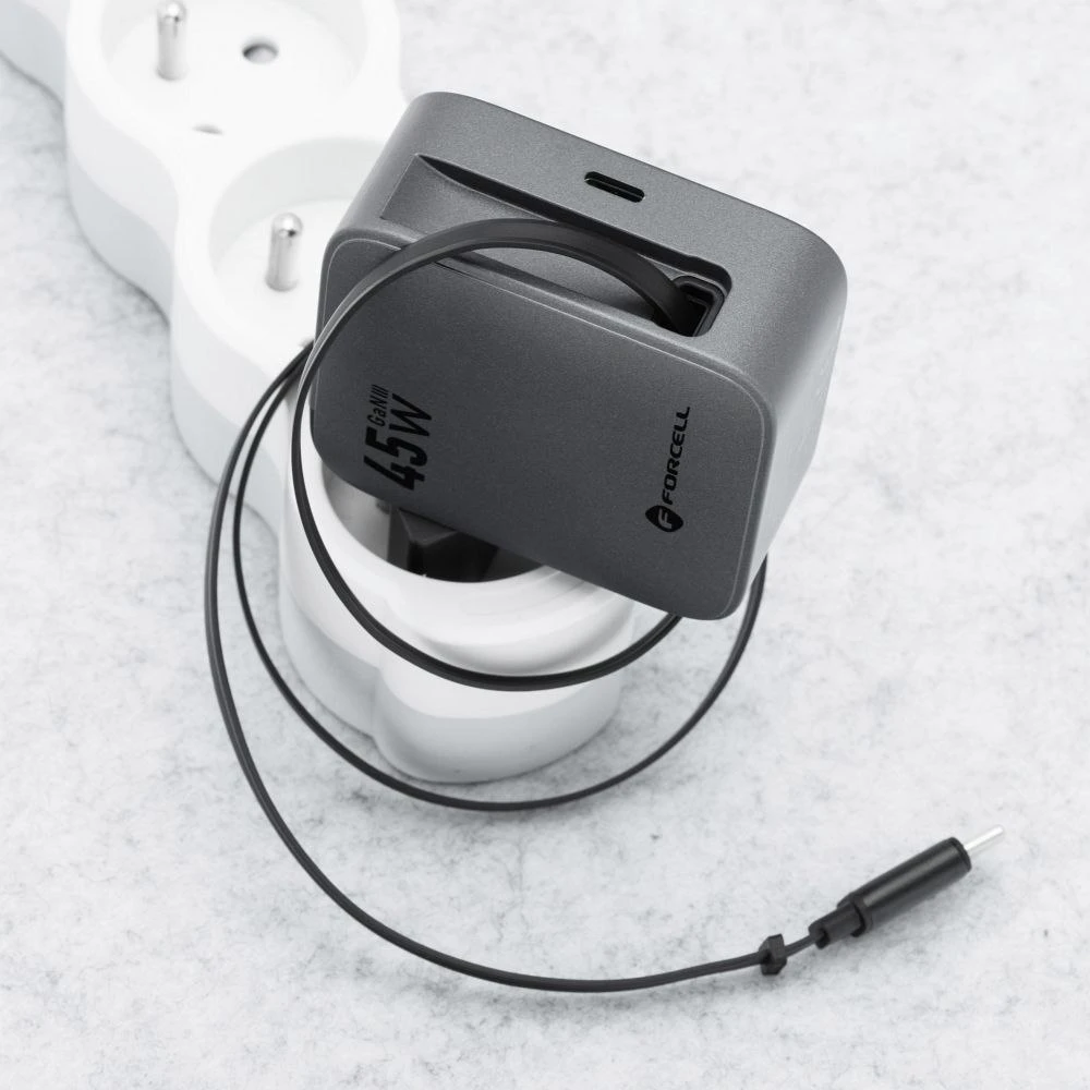 Telefono įkroviklis Forcell F-Energy GaN USB C + ištraukiamas laidas USB C PD QC4.0 3A 45W VT-R5 pilka