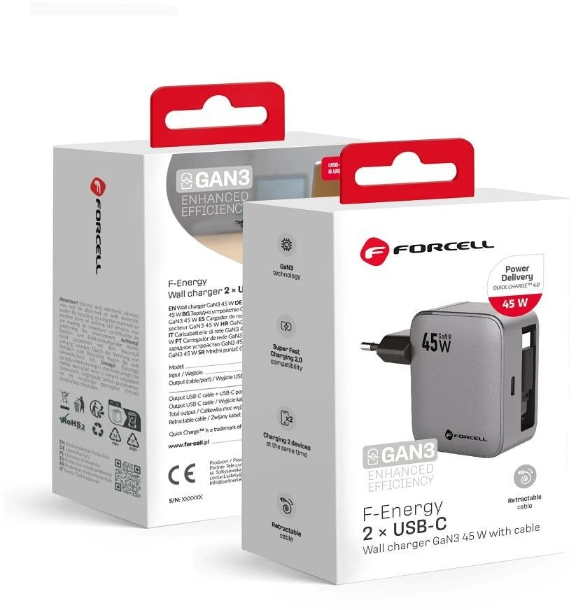 Telefono įkroviklis Forcell F-Energy GaN USB C + ištraukiamas laidas USB C PD QC4.0 3A 45W VT-R5 pilka