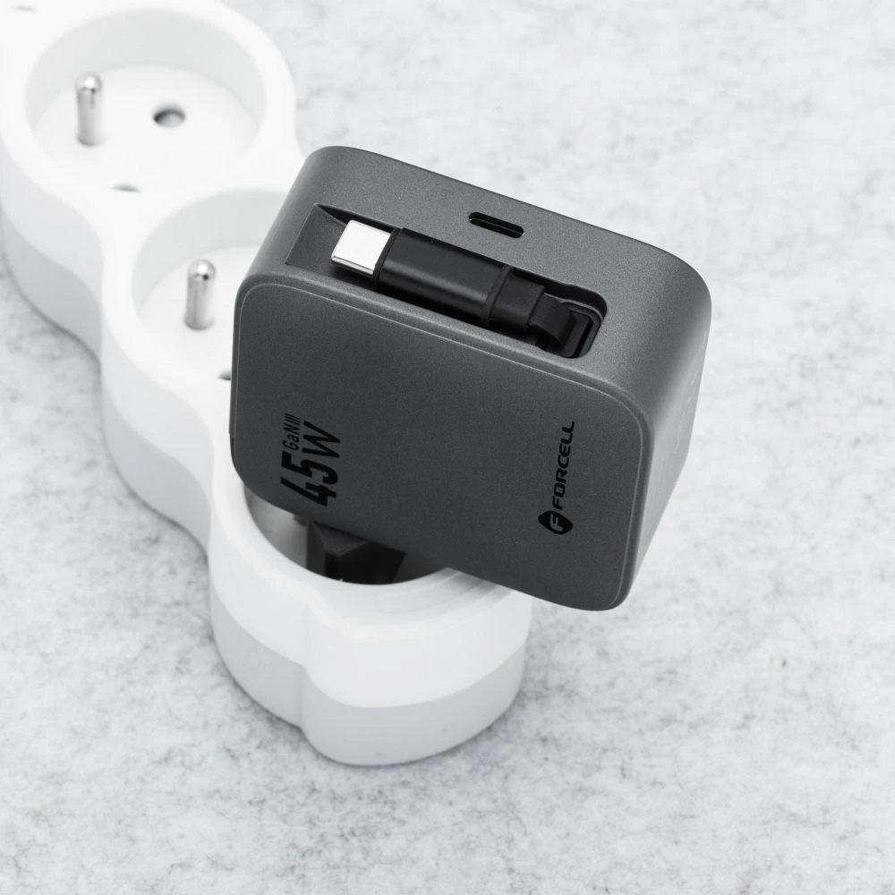 Telefono įkroviklis Forcell F-Energy GaN USB C + ištraukiamas laidas USB C PD QC4.0 3A 45W VT-R5 pilka