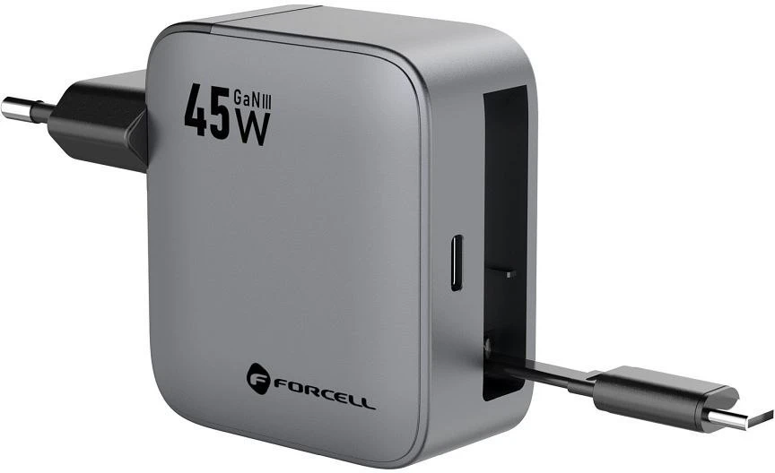 Telefono įkroviklis Forcell F-Energy GaN USB C + ištraukiamas laidas USB C PD QC4.0 3A 45W VT-R5 pilka