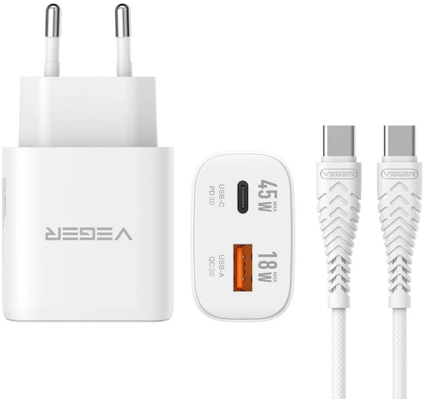 Telefono įkroviklis VEGER USB A + C tipo PD Super Charge PPS 45W + duomenų kabelis C tipo į C tipo 100W TR101 baltas