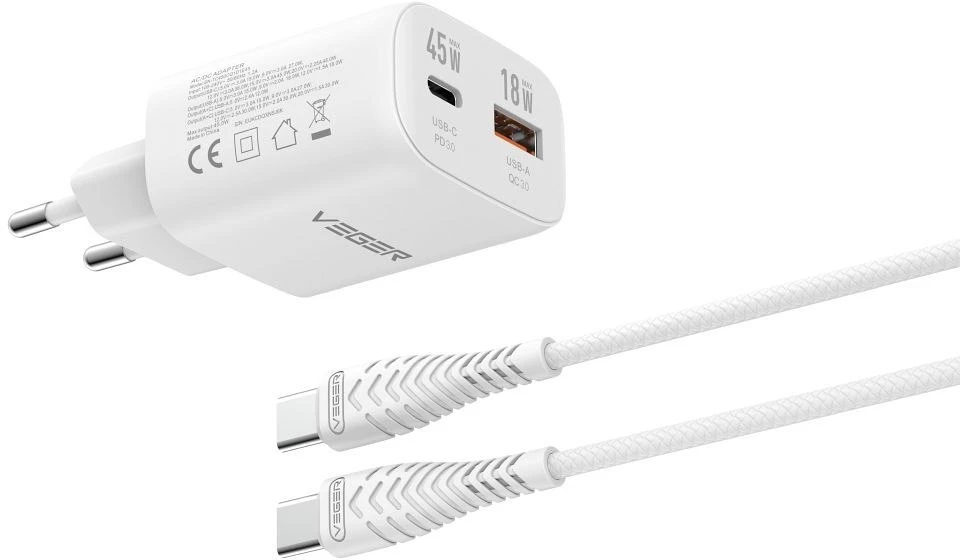 Telefono įkroviklis VEGER USB A + C tipo PD Super Charge PPS 45W + duomenų kabelis C tipo į C tipo 100W TR101 baltas