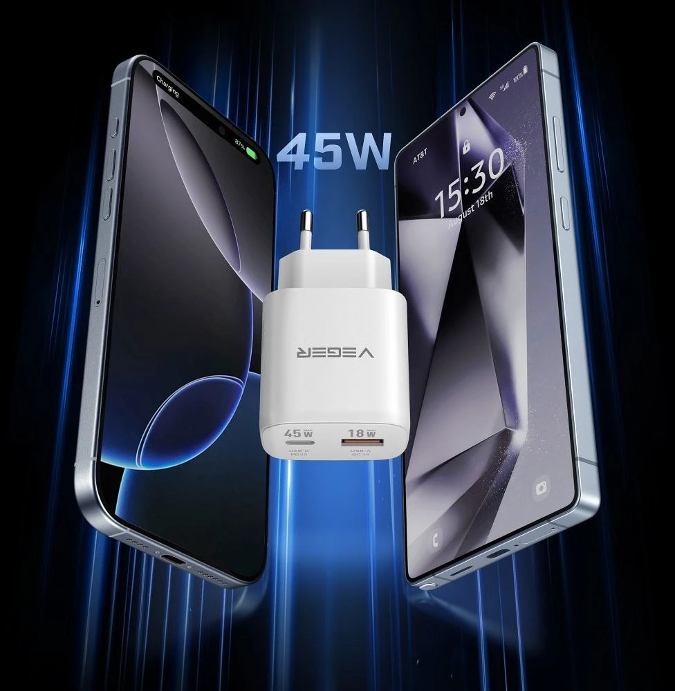 Telefono įkroviklis VEGER USB A + C tipo PD Super Charge PPS 45W + duomenų kabelis C tipo į C tipo 100W TR101 baltas