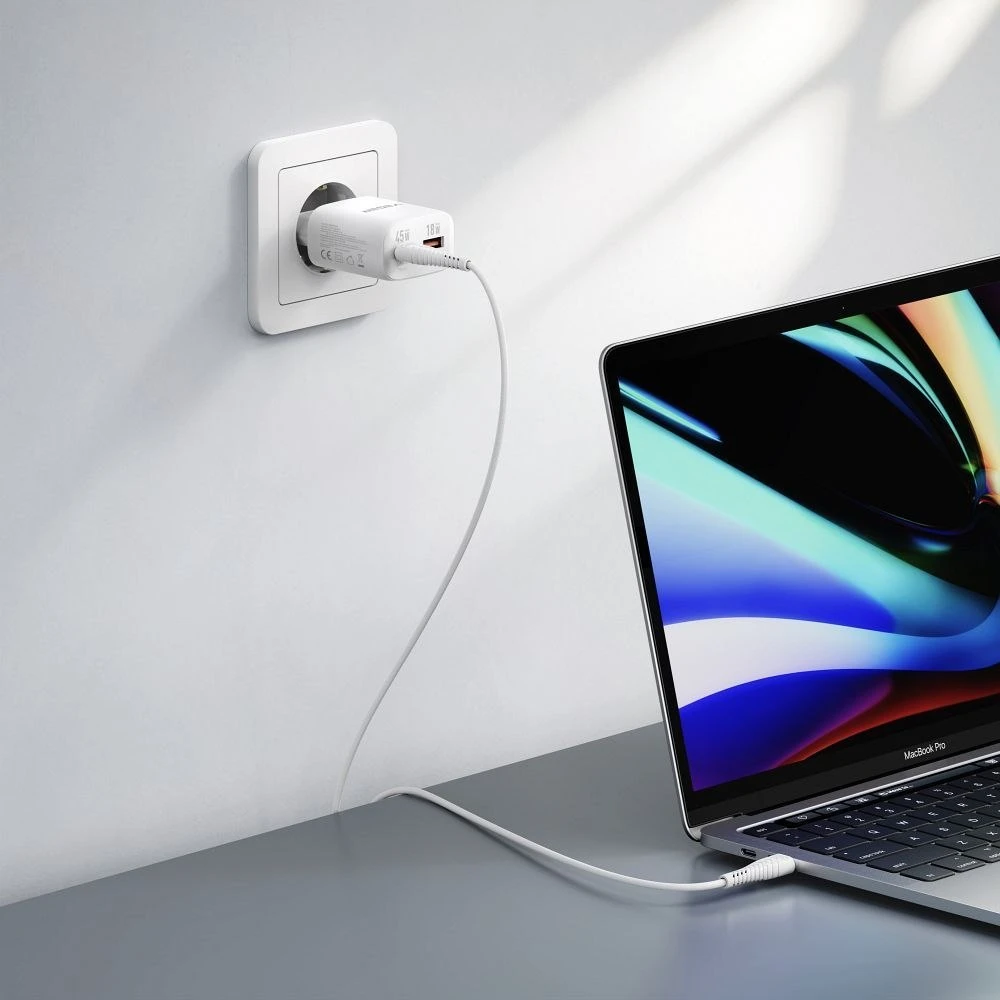 Telefono įkroviklis VEGER USB A + C tipo PD Super Charge PPS 45W + duomenų kabelis C tipo į C tipo 100W TR101 baltas