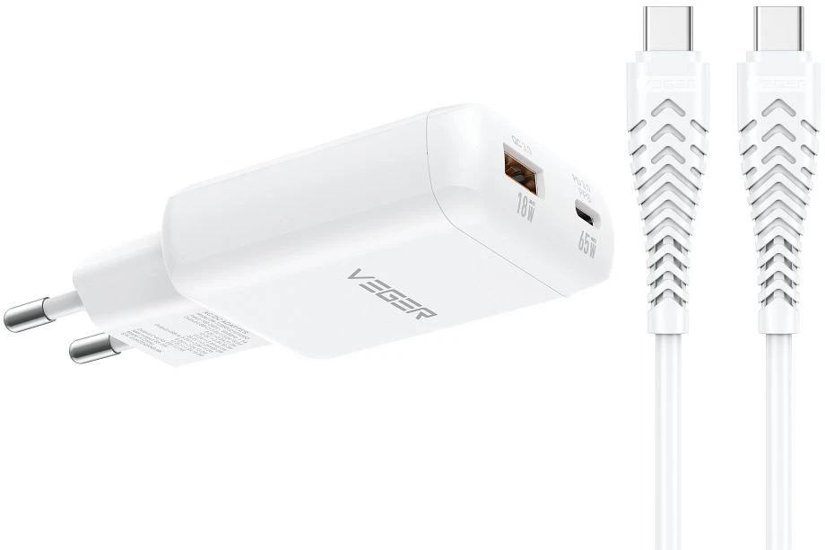 Telefono įkroviklis USB A + C tipo PD 65W + duomenų kabelis C tipo į C tipo 100W VEGER TR122 baltas