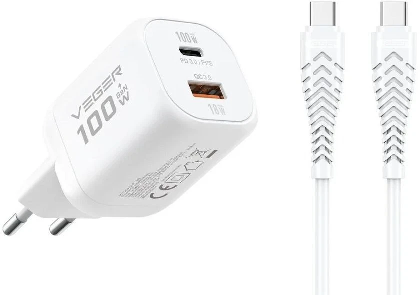 Telefono įkroviklis VEGER USB A + C tipo PD Super Charge PPS 100W + duomenų kabelis C tipo į C tipo 240W TR150 baltas