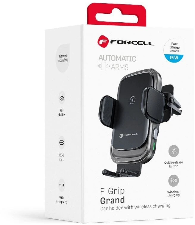 Belaidis automobilio telefono laikiklis Forcell F-Grip Grand F-24 15W oro išleidimo angos sidabrinis