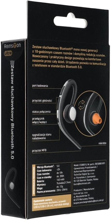 Inne Belaidės ausinės MONO Reinston ESB001X USB-C juodas