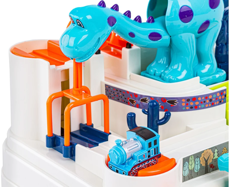 Interaktyvi kliūčių trasa su dinozaurų automobilėliais ir nusileidimu