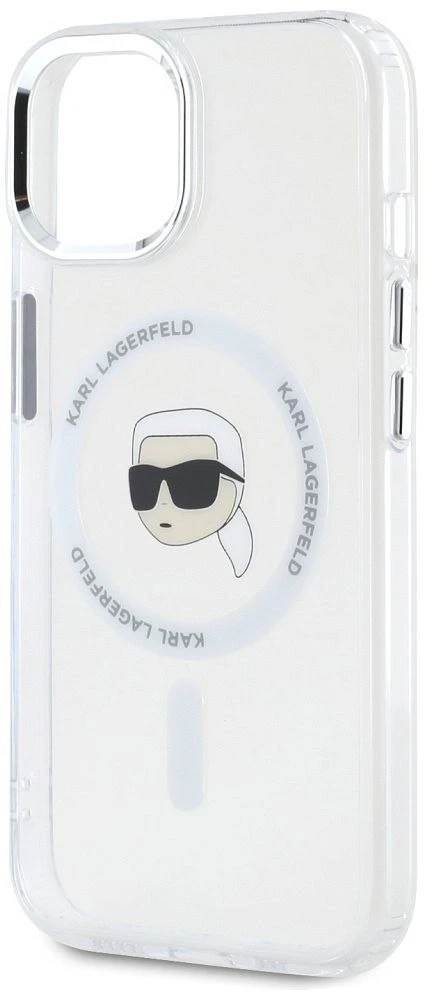 Dėklas Karl Lagerfeld IML Metal Karl Head MagSafe iPhone 15 baltos spalvos