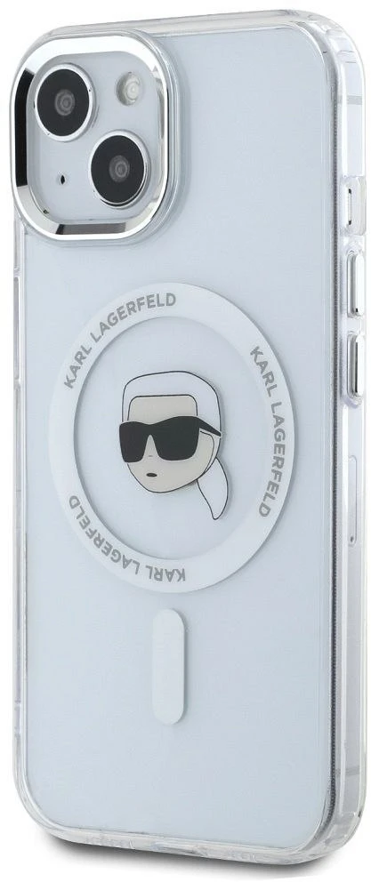 Dėklas Karl Lagerfeld IML Metal Karl Head MagSafe iPhone 15 baltos spalvos