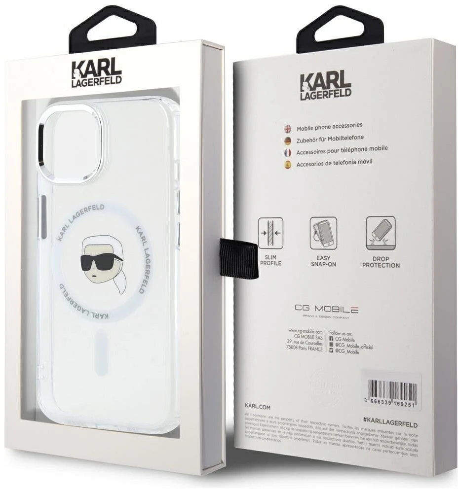 Dėklas Karl Lagerfeld IML Metal Karl Head MagSafe iPhone 15 baltos spalvos