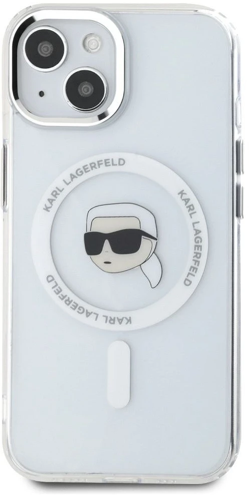 Dėklas Karl Lagerfeld IML Metal Karl Head MagSafe iPhone 15 baltos spalvos