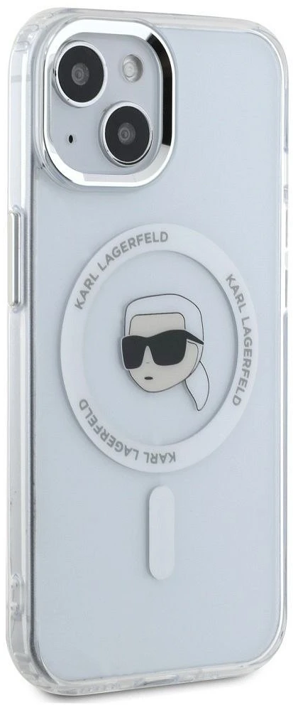 Dėklas Karl Lagerfeld IML Metal Karl Head MagSafe iPhone 15 baltos spalvos