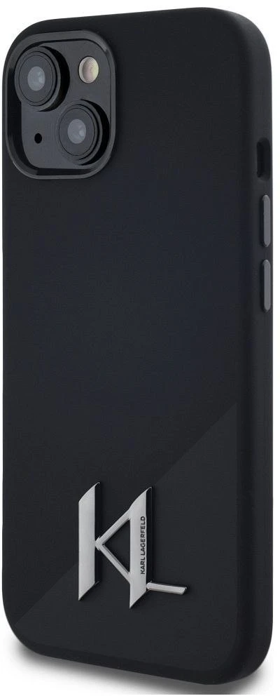 Dėklas Karl Lagerfeld Silicone Shadow Metal Initial MagSafe iPhone 15 juodos spalvos