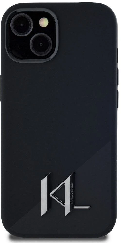Dėklas Karl Lagerfeld Silicone Shadow Metal Initial MagSafe iPhone 15 juodos spalvos