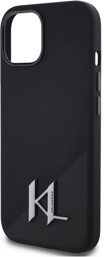 Dėklas Karl Lagerfeld Silicone Shadow Metal Initial MagSafe iPhone 15 juodos spalvos