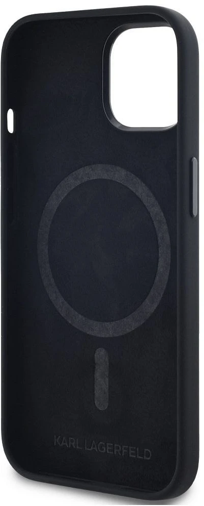 Dėklas Karl Lagerfeld Silicone Shadow Metal Initial MagSafe iPhone 15 juodos spalvos