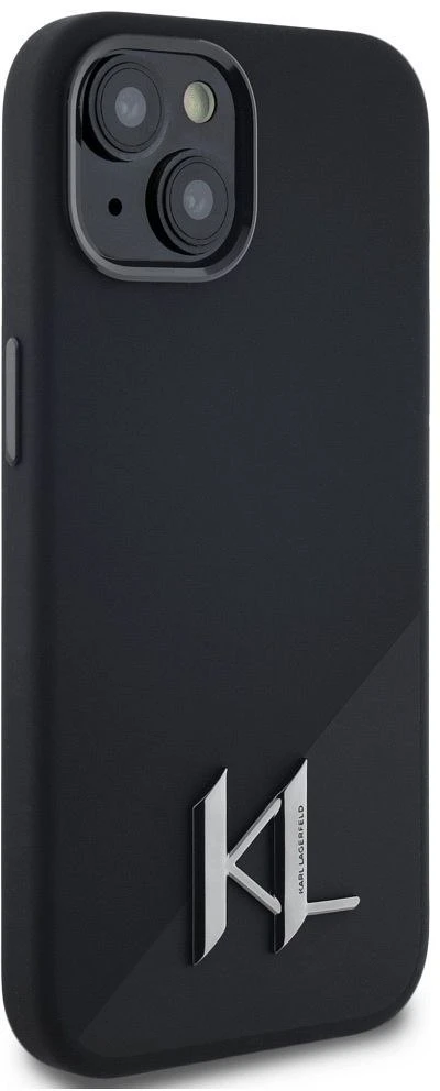 Dėklas Karl Lagerfeld Silicone Shadow Metal Initial MagSafe iPhone 15 juodos spalvos