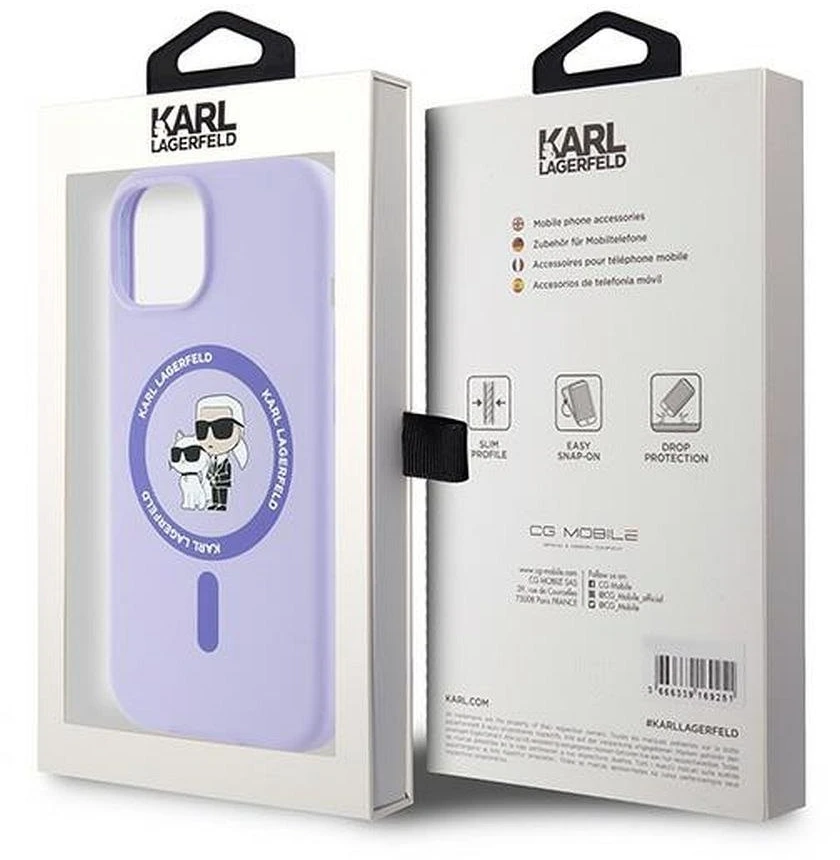 Karl Lagerfeld KLHMP15SSCMKCRHU iPhone 15 6.1" violetinis kietas silikoninis dėklas su Karl&Choupette galvų žiedu
