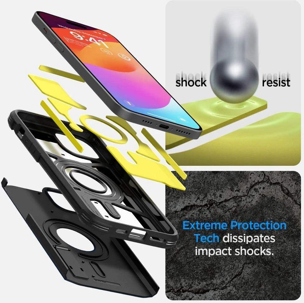 iPhone 15 Spigen Tough Armor Mag MagSafe telefono dėklas juodos spalvos