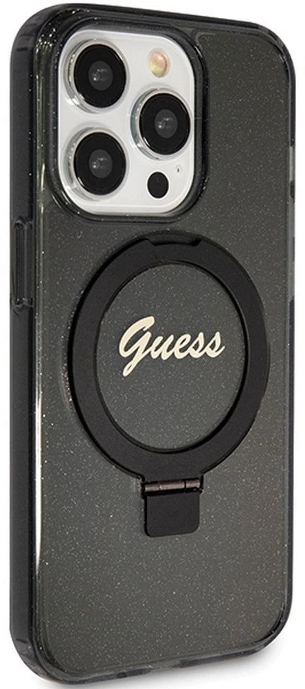 Dėklas GUESS GUHMP15XHRSGSK IPHONE 15 PRO MAX 6.7 "Juodas/Juodas HARDCASE RING STAND SCRIPT GLITTER MAGSAFE