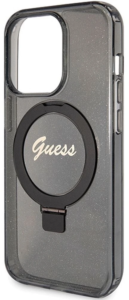Dėklas GUESS GUHMP15XHRSGSK IPHONE 15 PRO MAX 6.7 "Juodas/Juodas HARDCASE RING STAND SCRIPT GLITTER MAGSAFE