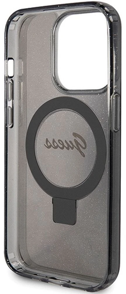 Dėklas GUESS GUHMP15XHRSGSK IPHONE 15 PRO MAX 6.7 "Juodas/Juodas HARDCASE RING STAND SCRIPT GLITTER MAGSAFE