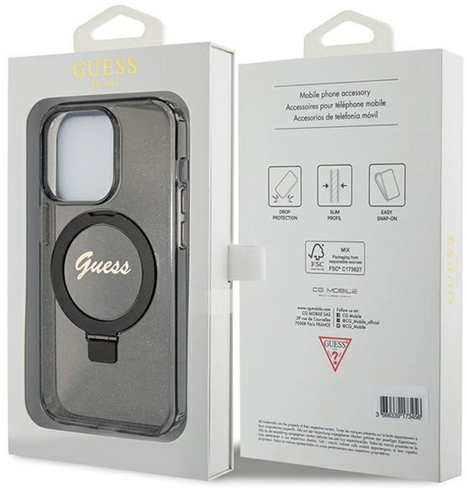 Dėklas GUESS GUHMP15XHRSGSK IPHONE 15 PRO MAX 6.7 "Juodas/Juodas HARDCASE RING STAND SCRIPT GLITTER MAGSAFE
