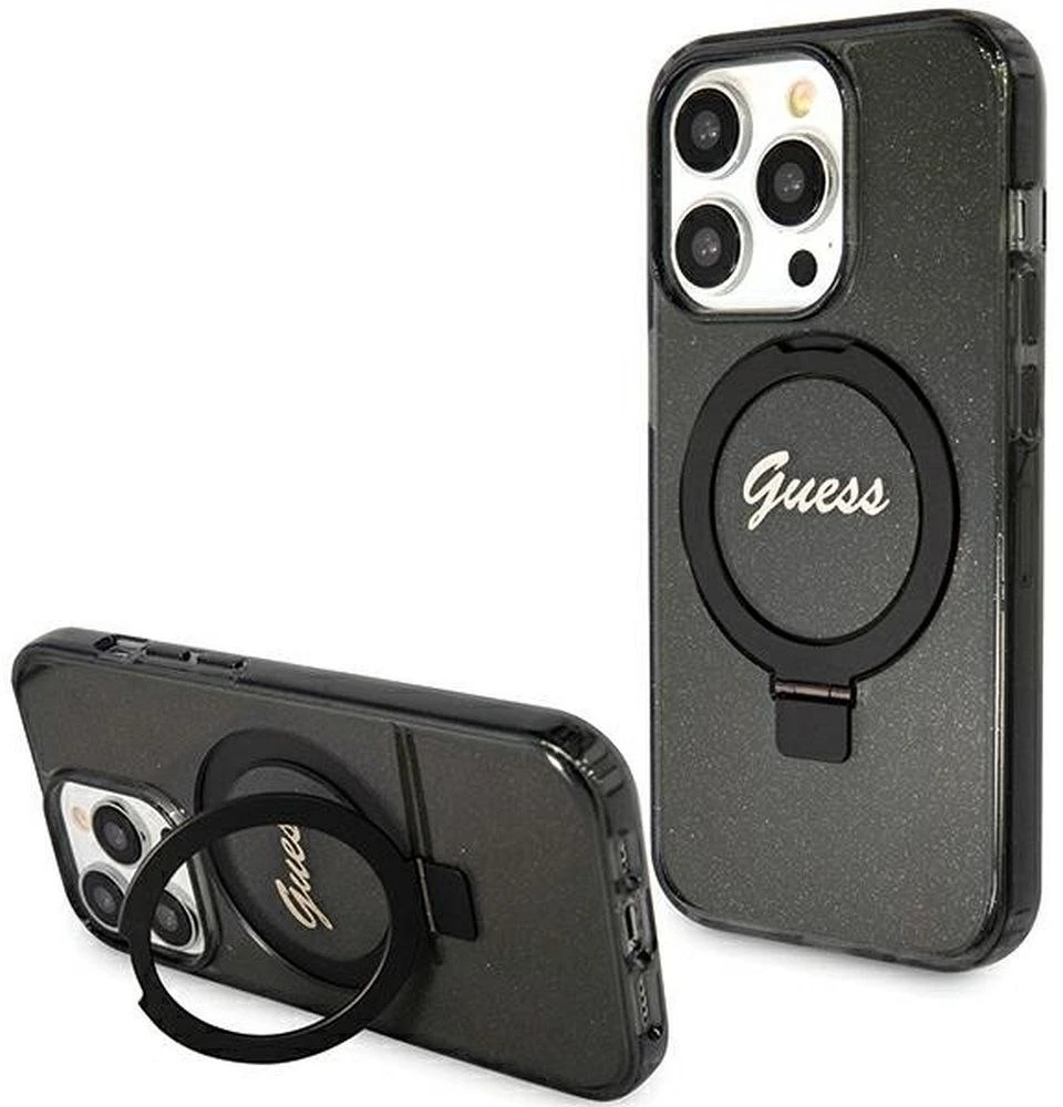 Dėklas GUESS GUHMP15XHRSGSK IPHONE 15 PRO MAX 6.7 "Juodas/Juodas HARDCASE RING STAND SCRIPT GLITTER MAGSAFE