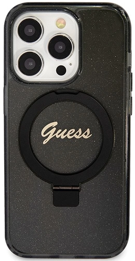 Dėklas GUESS GUHMP15XHRSGSK IPHONE 15 PRO MAX 6.7 "Juodas/Juodas HARDCASE RING STAND SCRIPT GLITTER MAGSAFE