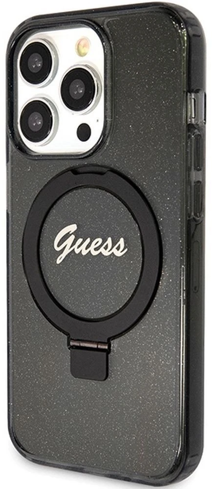 Dėklas GUESS GUHMP15XHRSGSK IPHONE 15 PRO MAX 6.7 "Juodas/Juodas HARDCASE RING STAND SCRIPT GLITTER MAGSAFE