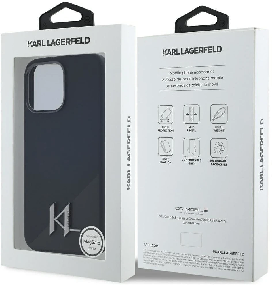 Dėklas Karl Lagerfeld Silicone Shadow Metal Initial MagSafe, skirtas iPhone 15 Pro Max, juodos spalvos