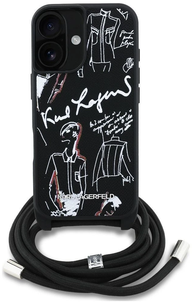 Karl Lagerfeld dėklas, skirtas IPHONE 16 KLHCP16SPGGRMPCK, suderinamas su „MagSafe“ (CRSSBY grūdėtas PU su raštu ir logotipu), juodas
