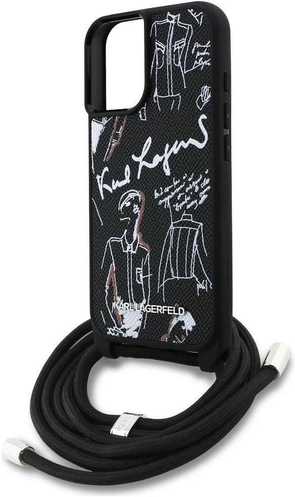 Karl Lagerfeld dėklas, skirtas IPHONE 16 KLHCP16SPGGRMPCK, suderinamas su „MagSafe“ (CRSSBY grūdėtas PU su raštu ir logotipu), juodas