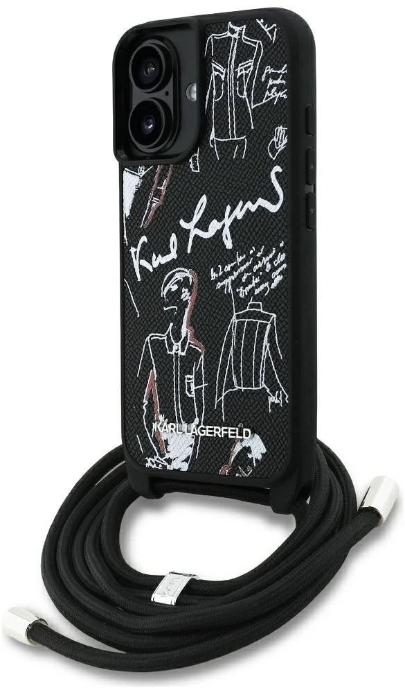 Karl Lagerfeld dėklas, skirtas IPHONE 16 KLHCP16SPGGRMPCK, suderinamas su „MagSafe“ (CRSSBY grūdėtas PU su raštu ir logotipu), juodas