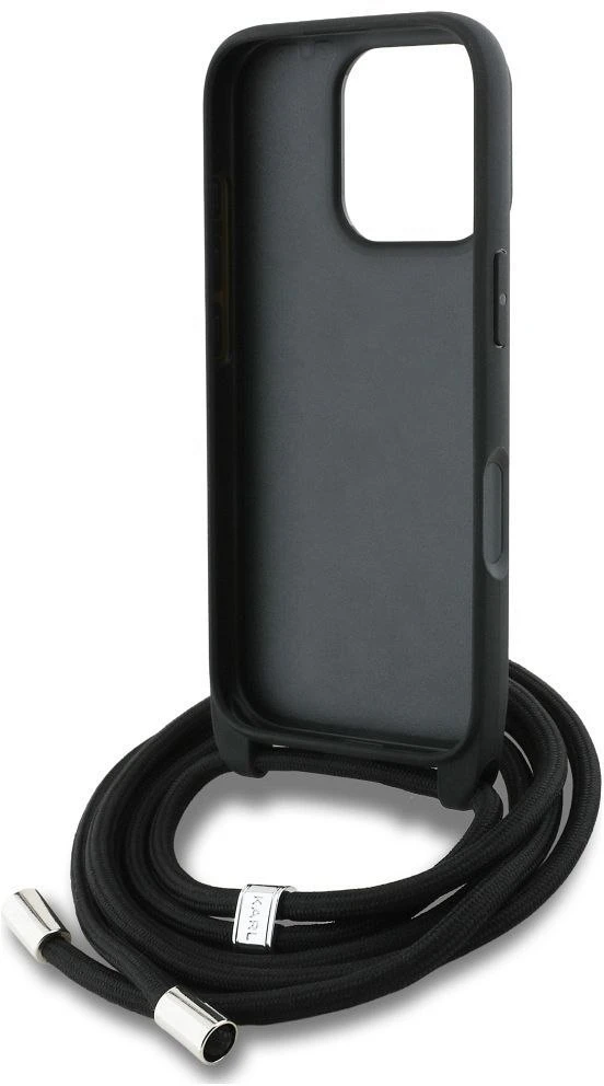 Karl Lagerfeld dėklas, skirtas IPHONE 16 PRO KLHCP16LPGGRMPCK, suderinamas su „MagSafe“ (CRSSBY grūdėtas PU su raštu ir logotipu), juodas