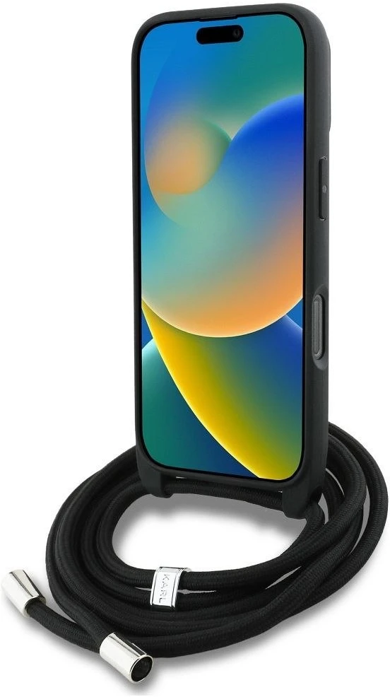 Karl Lagerfeld dėklas, skirtas IPHONE 16 PRO KLHCP16LPGGRMPCK, suderinamas su „MagSafe“ (CRSSBY grūdėtas PU su raštu ir logotipu), juodas