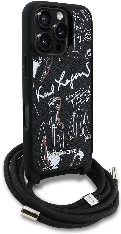 Karl Lagerfeld dėklas, skirtas IPHONE 16 PRO KLHCP16LPGGRMPCK, suderinamas su „MagSafe“ (CRSSBY grūdėtas PU su raštu ir logotipu), juodas