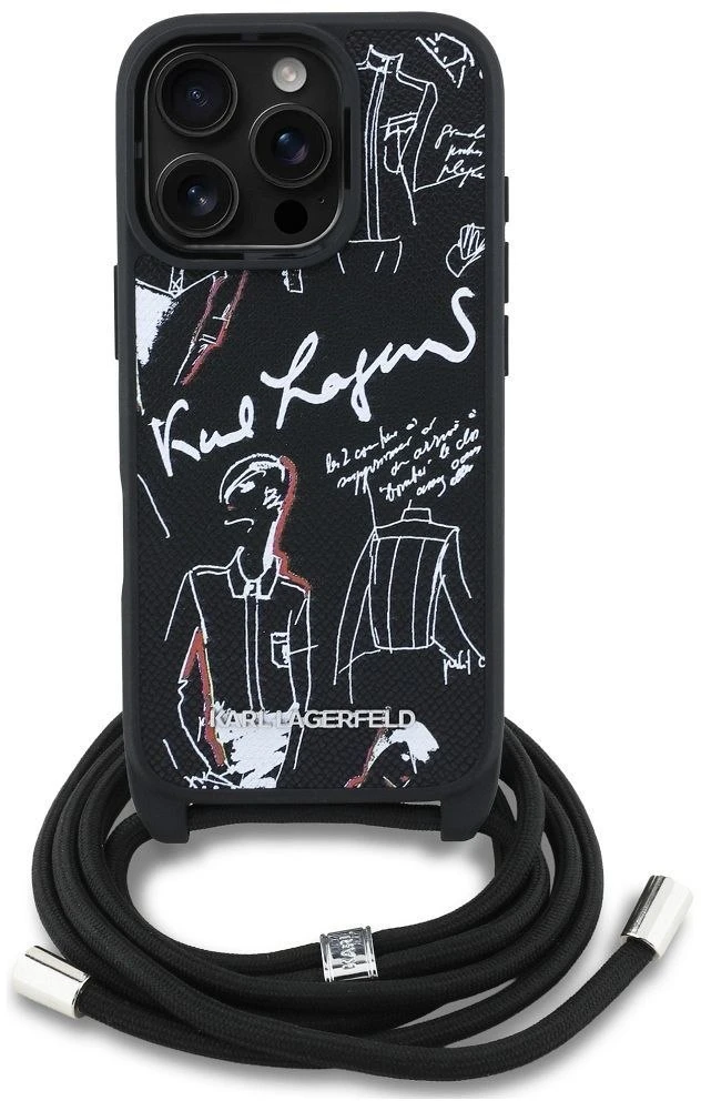 Karl Lagerfeld dėklas, skirtas IPHONE 16 PRO KLHCP16LPGGRMPCK, suderinamas su „MagSafe“ (CRSSBY grūdėtas PU su raštu ir logotipu), juodas