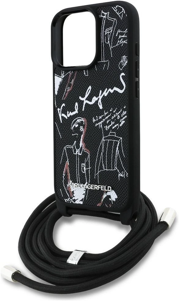 Karl Lagerfeld dėklas, skirtas IPHONE 16 PRO KLHCP16LPGGRMPCK, suderinamas su „MagSafe“ (CRSSBY grūdėtas PU su raštu ir logotipu), juodas