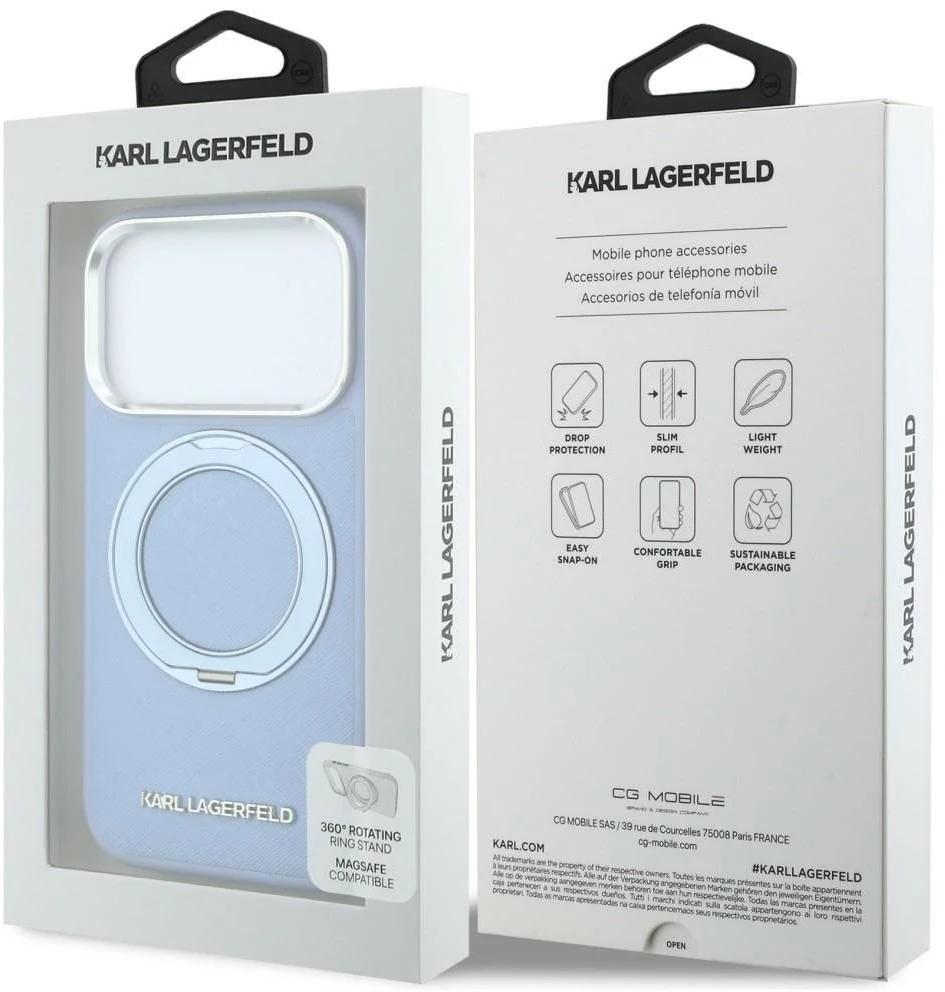 Karl Lagerfeld dėklas IPHONE 18 Pro Max/17 Pro Max suderinamas su MagSafe (Saffiano Classic Logo) šviesiai mėlynas